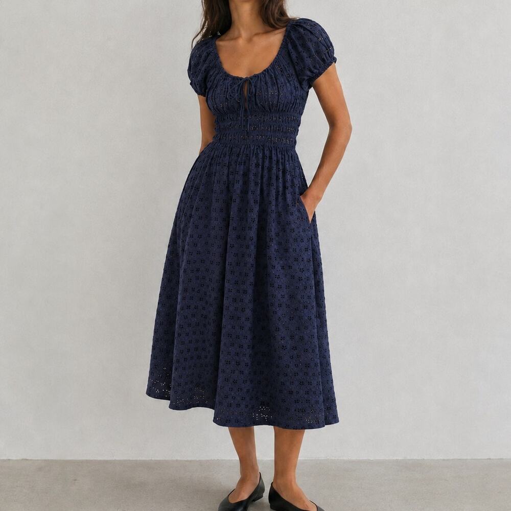 Doen Quinn Organic Cotton Poplin Midi/Maxi Dress Womens S Navy Adriatic Eyelet